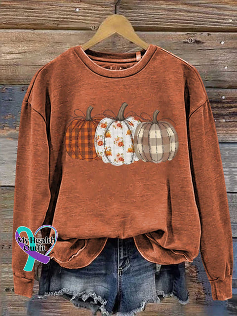 Autumn Fall Checkered Pumpkin Print Casual Sweatshirt Orange / S
