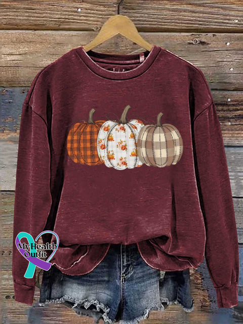 Autumn Fall Checkered Pumpkin Print Casual Sweatshirt Red / S