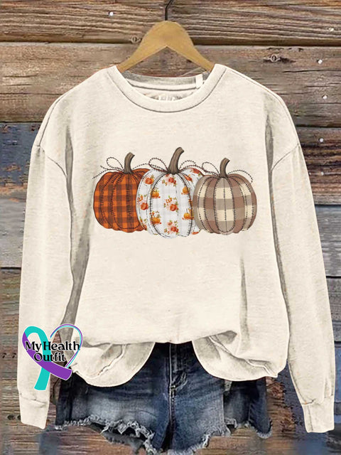 Autumn Fall Checkered Pumpkin Print Casual Sweatshirt White / S