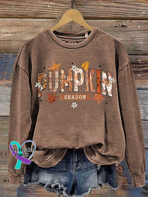 Autumn Fall Pumpkin Season Print Casual Sweatshirt Khaki / S