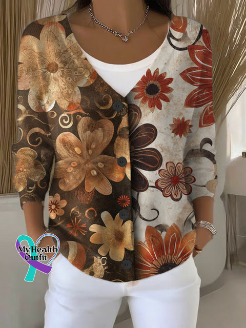 Autumn Floral Art Print Buttoned V-neck Cardigan Sweater Multicolor / S
