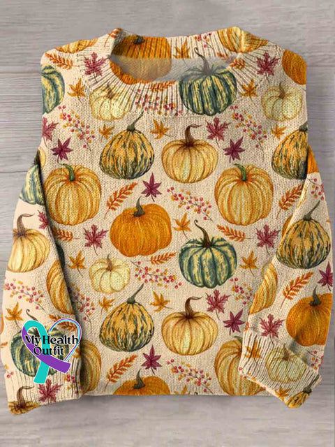 Autumn Pumpkins Art Print Knit Pullover Sweater Multicolor / S