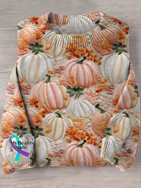 Autumn Pumpkins Art Print Knit Pullover Sweater Multicolor / S