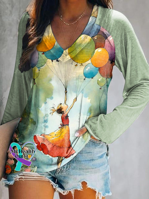 Balloon Girl Let Them Printed Casual V-Neck Long Sleeve T-Shirt Multicolor / S