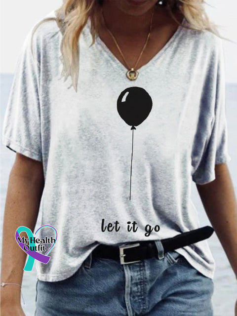 Balloon Let It Go Print Casual Loose V-Neck Short Sleeve T-Shirt Multicolor / S