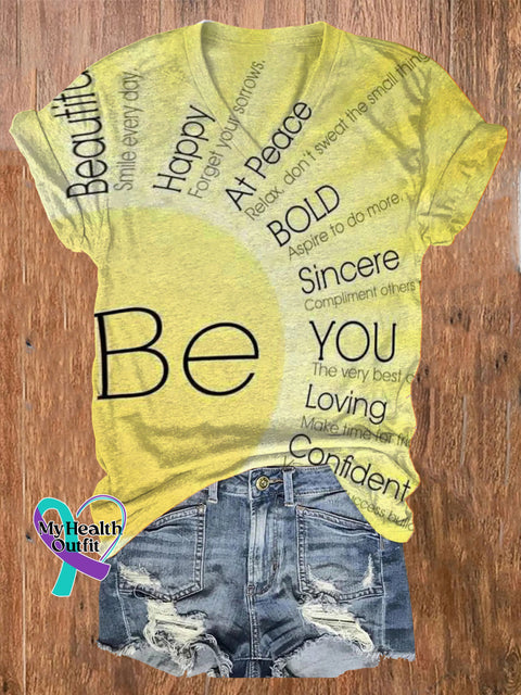 Be Beautiful Be Happy Be You Sun Print Casual V-Neck Short Sleeve T-Shirt Multicolor / S