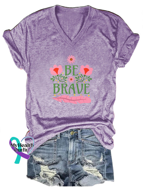 Be Brave Floral Positive Print Casual V-Neck Short Sleeve T-Shirt Purple / S