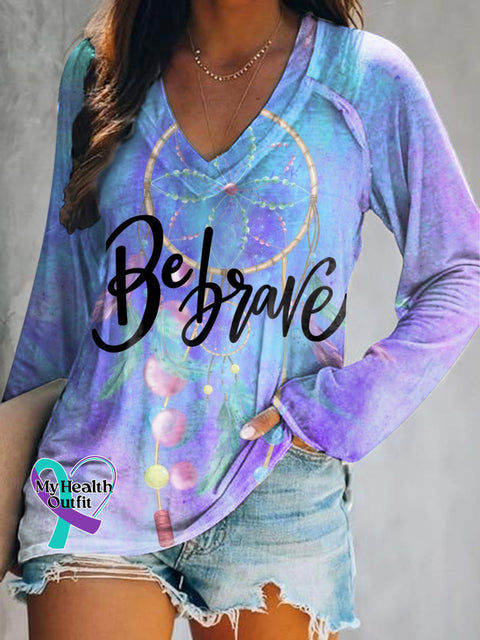 Be Brave Printed Casual V-Neck Long Sleeve Top Multicolor / S