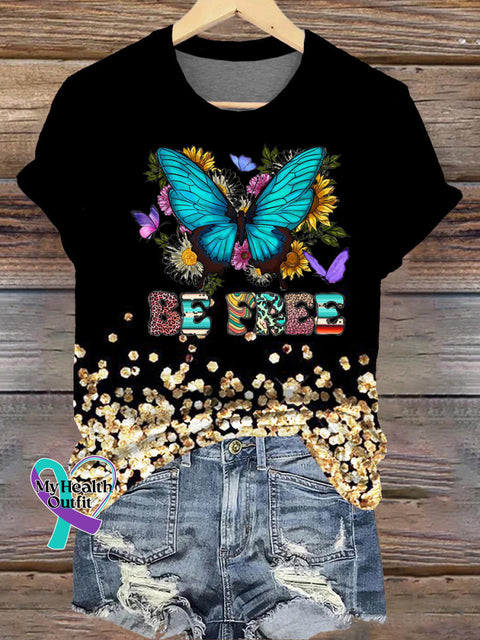 Be Free Butterfly Print Casual Crew Neck Short Sleeve T-Shirt Multicolor / S
