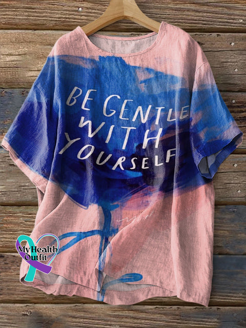 Be Gentle With Yourslef Print Casual Cotton Linen Shirt Multicolor / S