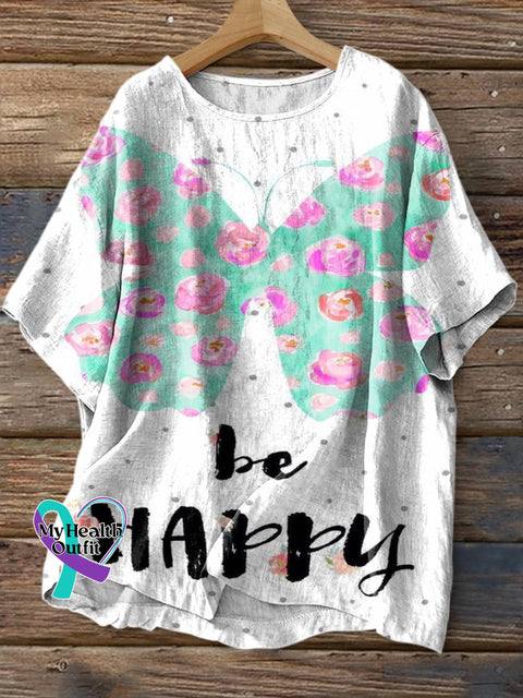 Be Happy Butterfly Print Casual Round Collar Cotton Linen Shirt Multicolor / S