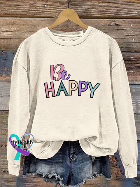Be Happy Crew Neck Long Sleeve Sweatshirt Beige / S