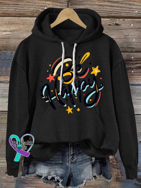 Be Happy Hooded Long-Sleeved Casual Sweatshirt Black / S