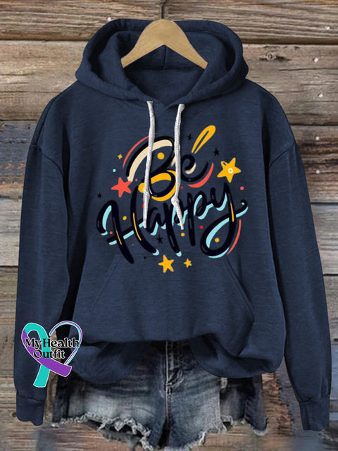 Be Happy Hooded Long-Sleeved Casual Sweatshirt NavyBlue / S