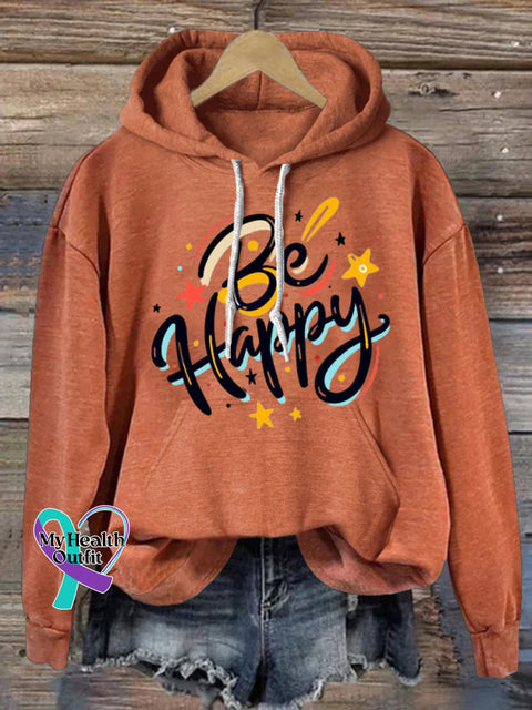 Be Happy Hooded Long-Sleeved Casual Sweatshirt Orange / S