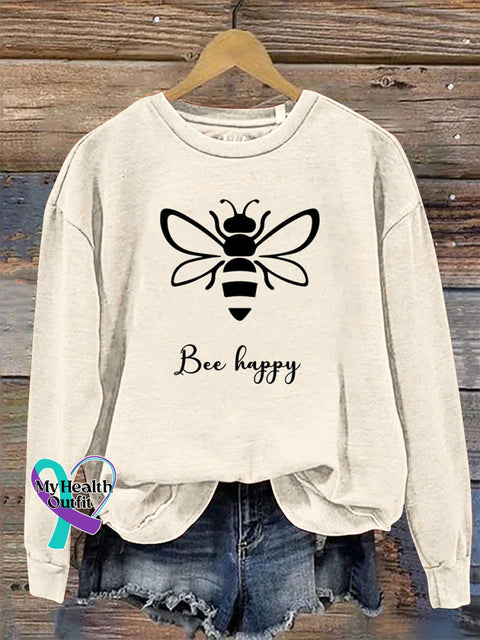Be Happy Round Neck Long Sleeve Casual Sweatshirt Beige / S