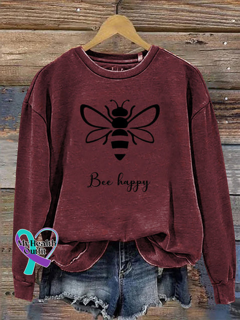 Be Happy Round Neck Long Sleeve Casual Sweatshirt Claret / S