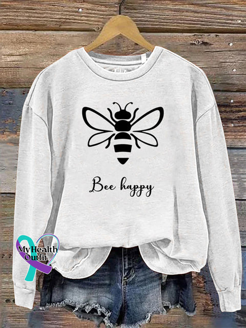 Be Happy Round Neck Long Sleeve Casual Sweatshirt White / S