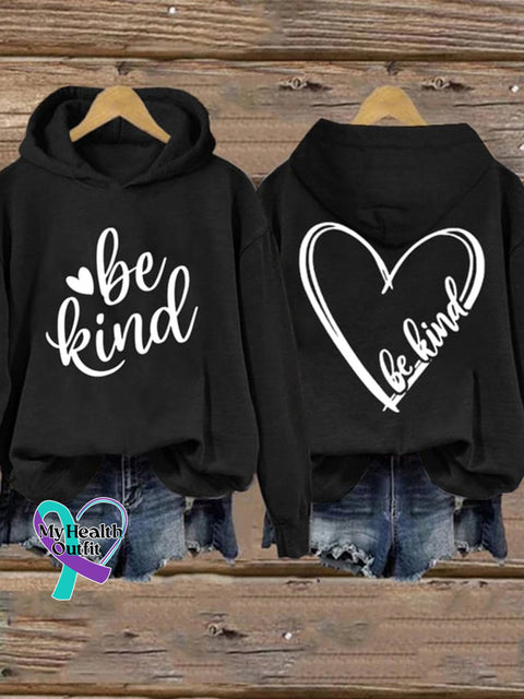 Be Kind And Heart Print Long Sleeve Hoodie Black / S