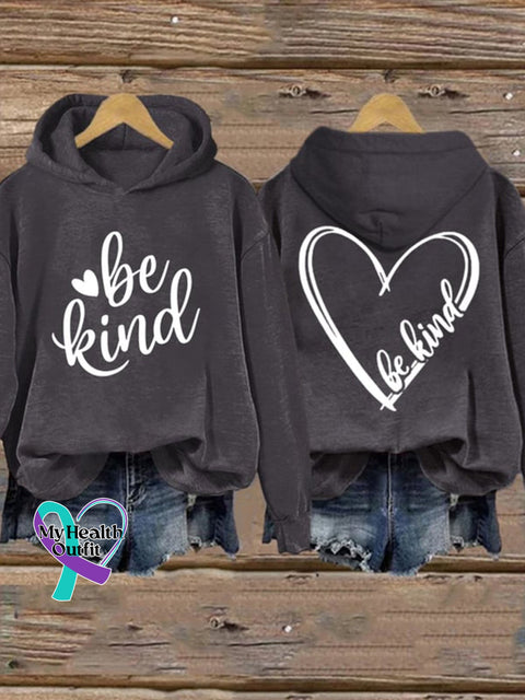 Be Kind And Heart Print Long Sleeve Hoodie Grey / S