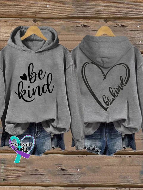 Be Kind And Heart Print Long Sleeve Hoodie Light Grey / S