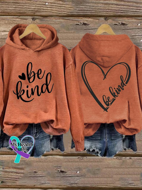 Be Kind And Heart Print Long Sleeve Hoodie Orange Color / S