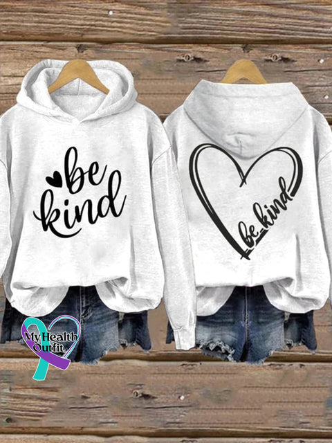 Be Kind And Heart Print Long Sleeve Hoodie White / S