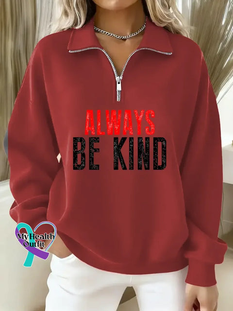 Be Kind Art Casual Long Sleeve Zip Sweatshirt Red / S