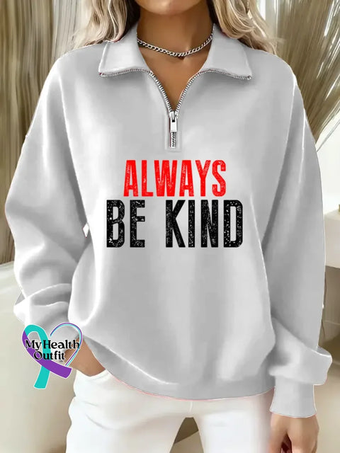 Be Kind Art Casual Long Sleeve Zip Sweatshirt White / S