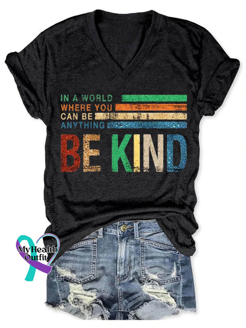 Be Kind Art Print V-Neck Casual T-Shirt Black / S