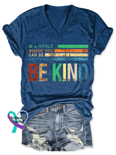 Be Kind Art Print V-Neck Casual T-Shirt Blue / S