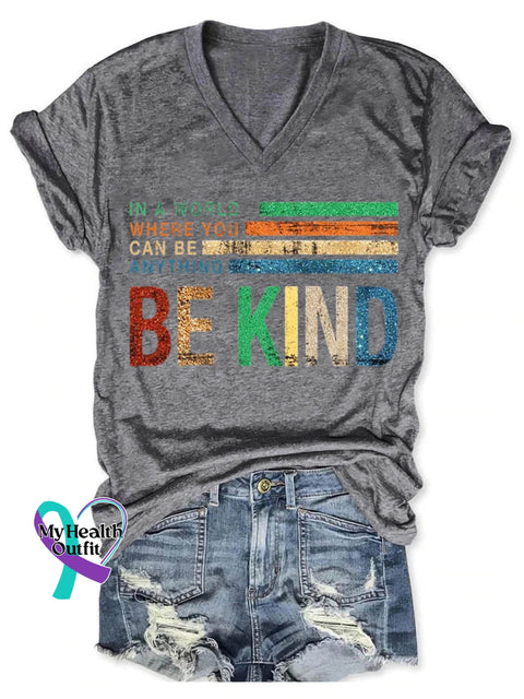 Be Kind Art Print V-Neck Casual T-Shirt Grey / S