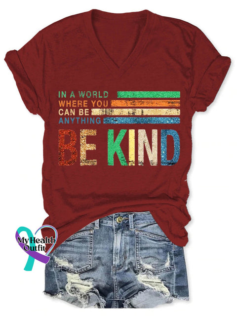 Be Kind Art Print V-Neck Casual T-Shirt Red / S