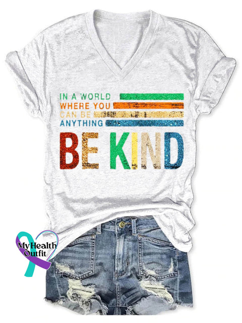 Be Kind Art Print V-Neck Casual T-Shirt White / S