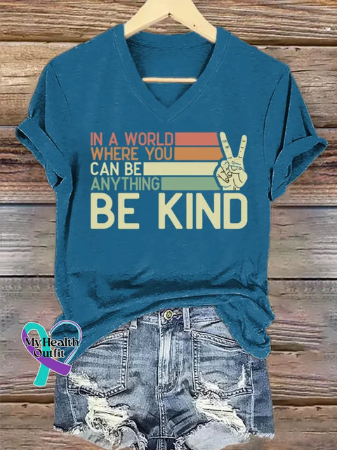 Be Kind Art V-neck Casual T-Shirt Blue / S