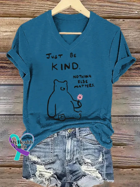Be Kind Art V-neck Casual T-Shirt Blue / S