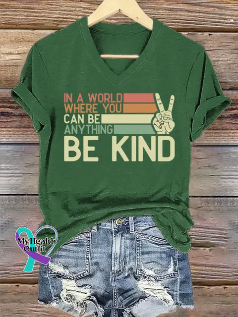 Be Kind Art V-neck Casual T-Shirt Green / S