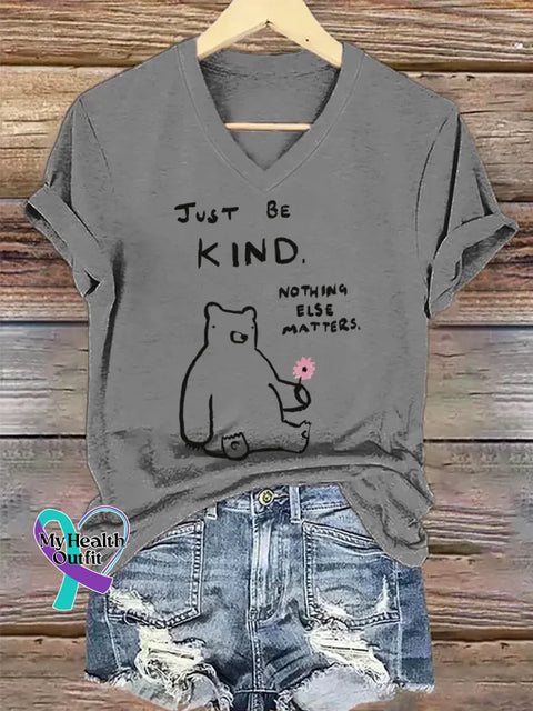 Be Kind Art V-neck Casual T-Shirt Grey / S
