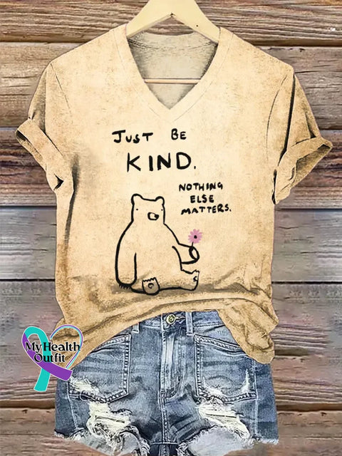 Be Kind Art V-neck Casual T-Shirt Khaki / S