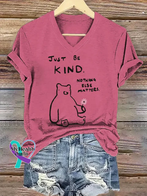 Be Kind Art V-neck Casual T-Shirt Pink / S