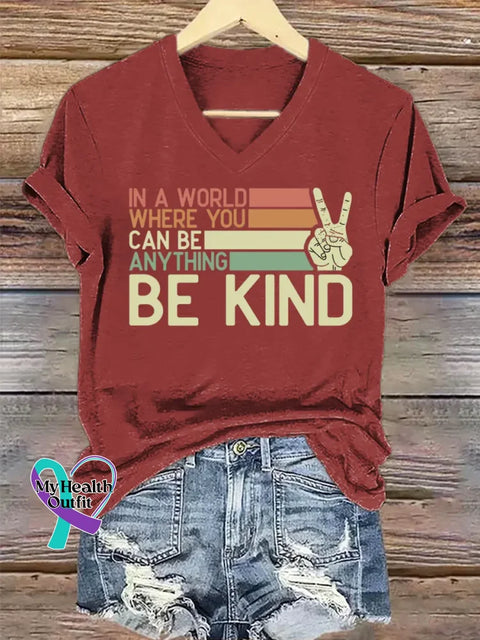 Be Kind Art V-neck Casual T-Shirt Red / S