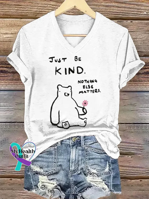 Be Kind Art V-neck Casual T-Shirt White / S