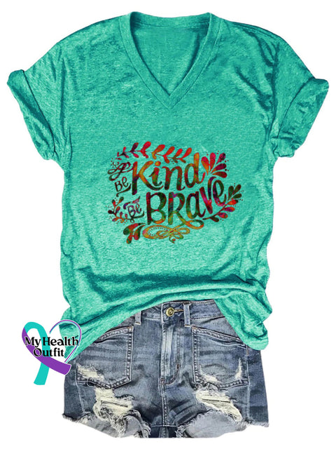 Be Kind Be Brave Printed Casual V-Neck Short Sleeve T-Shirt Cyan / S