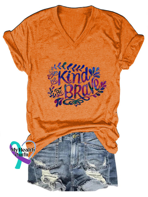 Be Kind Be Brave Printed Casual V-Neck Short Sleeve T-Shirt Orange / S