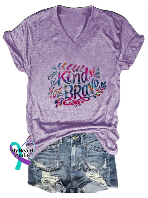 Be Kind Be Brave Printed Casual V-Neck Short Sleeve T-Shirt Purple / S