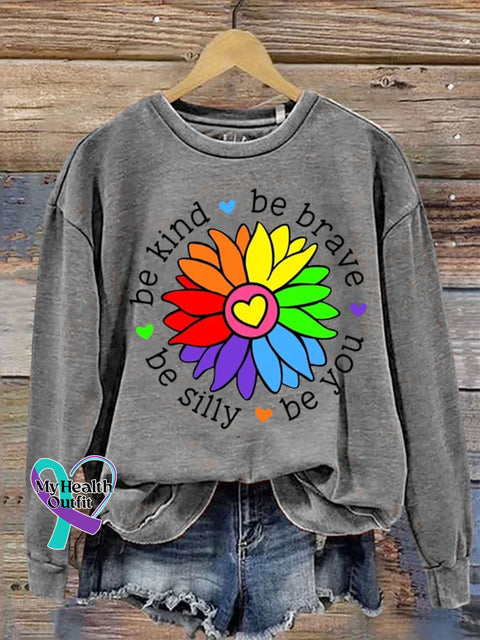 Be Kind Brave Silly You Sunflower Letter Casual Sweatshirt Grey / S