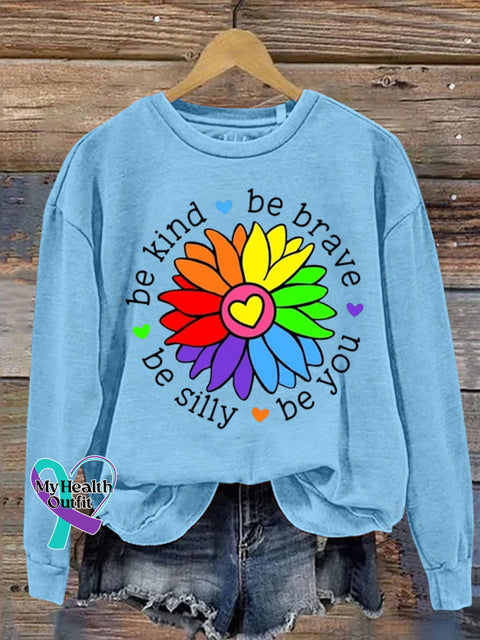 Be Kind Brave Silly You Sunflower Letter Casual Sweatshirt Lightblue / S