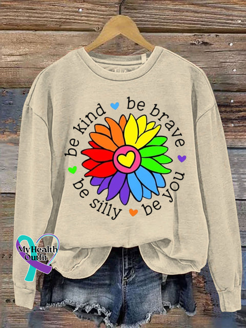 Be Kind Brave Silly You Sunflower Letter Casual Sweatshirt Sand / S