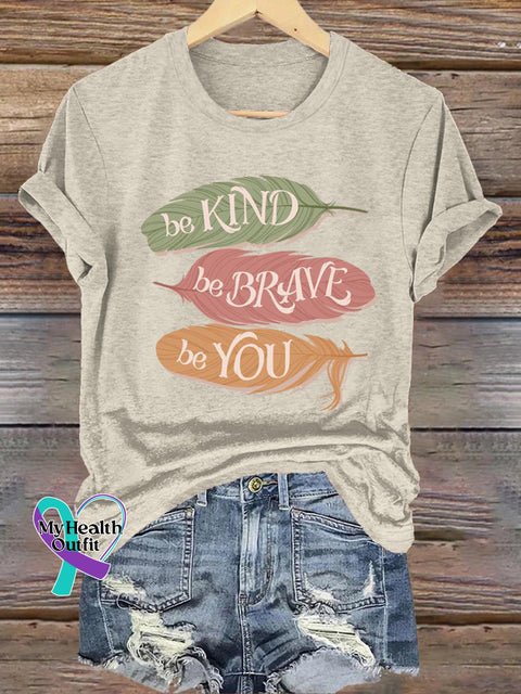Be Kind Be Brave Be You Feather Printed Casual Crew Neck Short Sleeve T-Shirt Beige / S