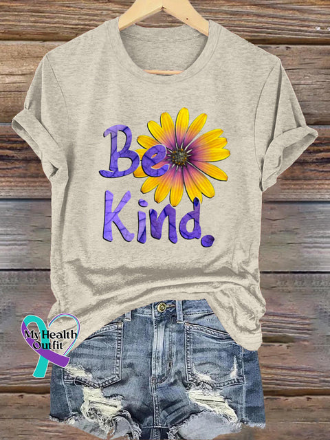 Be Kind Chrysanthemum Print Casual Round Neck Short Sleeve T-Shirt Beige / S